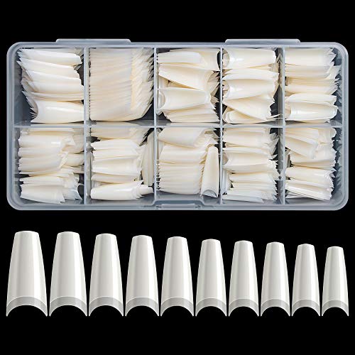500 Pcs Upgrade Acrylic Nail Tips, Feugole Natural Coffin Ballerina Nail Tips, T-Shape False Nail Art Tip, 10 Size Half Cover French Fake Nail With Box for Nail Salons (Natural)