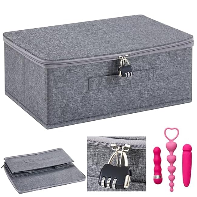 Discreet Lockable Adult Toy Bag Storage Organizer Toy Bag Storage Bins Case with Zipper Lid 15 x 10 x 6.3 Inches for Women and Men Clothes Container(Gray)