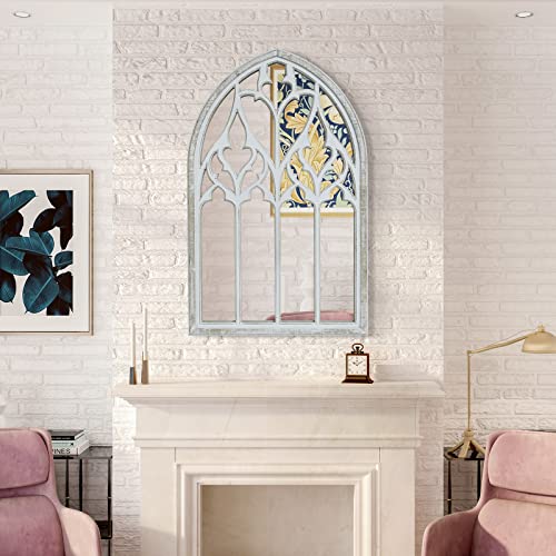 Thcisl Arched Window Mirror, Decor Wall Mirror Like Window, Farmhouse Window Mirror For Living Room, Entryway, Bedroom, 38"X26" Wood Framed Mirror (White) #TOP2