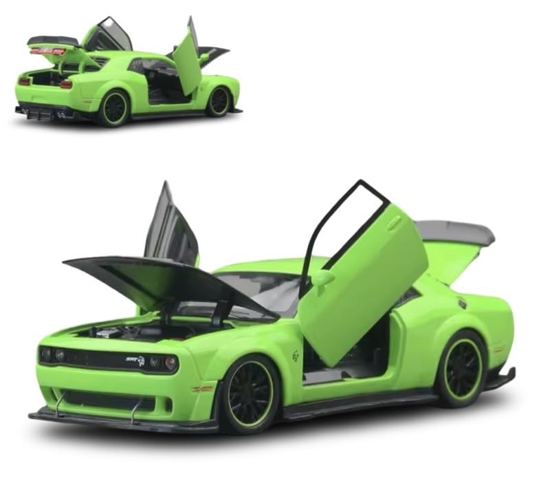 Image of Die-Cast Car Model 1:32 Scale Challenger SRT| Alloy Metal Car with Openable Doors, Hood & Trunk | LED Headlight & Taillight with Sound | Pull Back Toy for Kids & Collectors (Green)