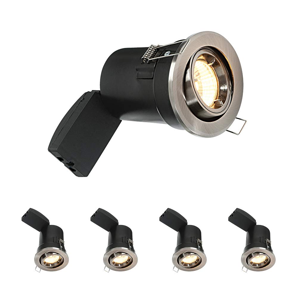 National Lighting Fire Rated Downlights, Brushed Chrome Adjustable Ceiling Lights, GU10 Halogen or LED, Dimmable Recessed Spotlights IP20 Rated - Pack of 4