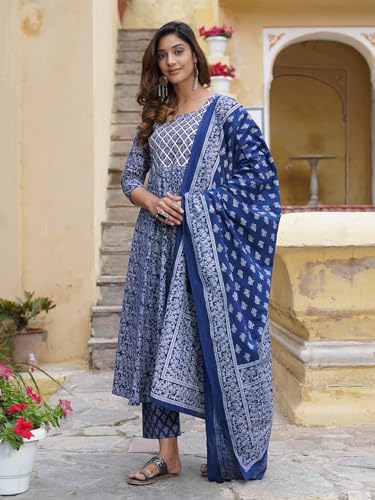 Image of Amayra Women Rayon Printed Anarkali Kurta With Pant And Dupatta Set