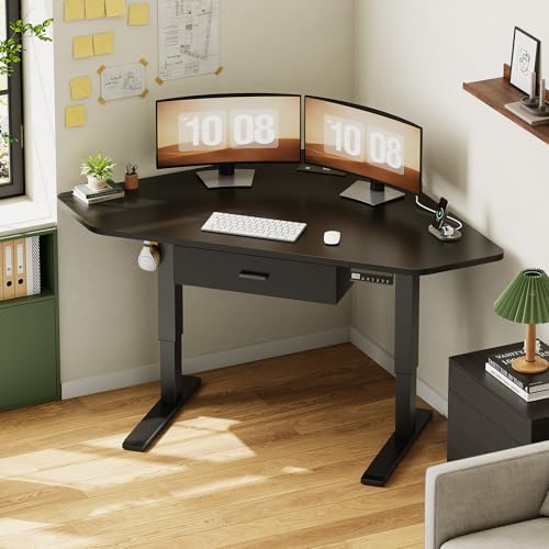 SEDETA Corner Standing Desk, 32” Small Height Adjustable Electric Computer Desk with Drawer for Gaming, Small Space, Stand up Home Office Writing Desk, Black