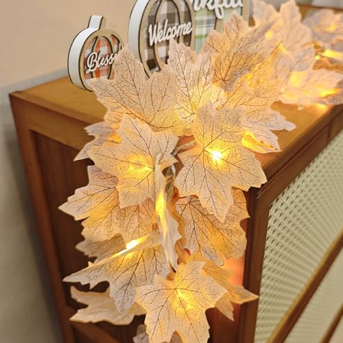 2 Pack Fall Decor Fall Garland with Lights Fall Decorations for Home Lighted Maples Leaves Garland Total 13Ft 40LED Battery Operated Halloween Thanksgiving Christmas Decor Home Mantel Indoor Outdoor