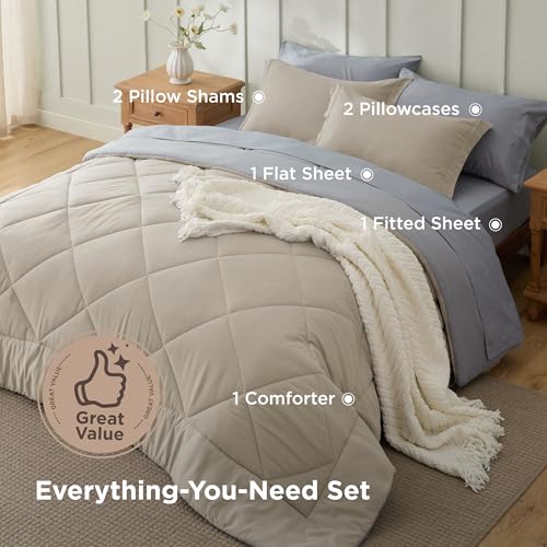 Image of Bedsure King Size Comforter Set - 7 Pieces Reversible Beige Bedding, King Size Bed Set for All Seasons, Bed in a Bag with Down Alternative Comforter, Sheets, Pillowcases & Shams