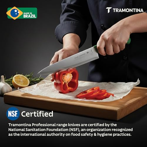 Image of TRAMONTINA Professional Chef Knife 20 cm | Sub-Zero Treated Stainless Steel Blade | Antimicrobial Polypropylene Handle | Heavy-Duty Meat Cutting & Butcher Knife | Green