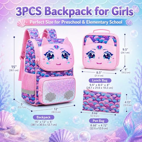 Image of KLFVB 3PCS Backpack for Girls and Boys, 15 inch Unicorn Dinosaur Bookbag with Lunch Box, Kids Preschool School bag