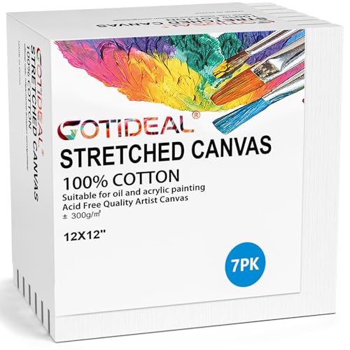 Image of GOTIDEAL Stretched Canvases for Painting, 12x12 Inch Set of 7, Primed White - 100% Cotton Blank Art Square Canvas Boards for Painting for Acrylic Pouring, Oil Paint Dry & Wet Art Media