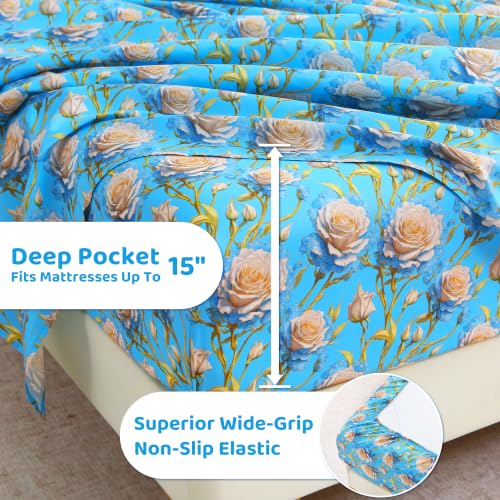 Image of Mooreeke Cozy Floral Microfiber Printed Twin Sheet Set - Soft & Breathable 3D Rose Bed Sheets with Deep Pocket - Non-Slip Fitted Design - Blue White Rose Pattern - Queen