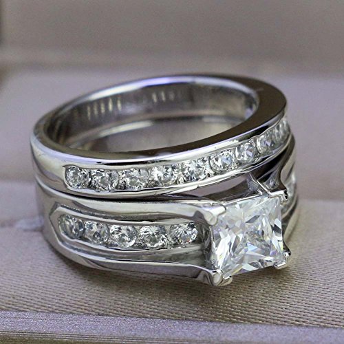 Bridal Sets White Gold Plated Womens Wedding Ring Sets Princess Cut Cz Engagement Ring 2pcs Wedding Band3