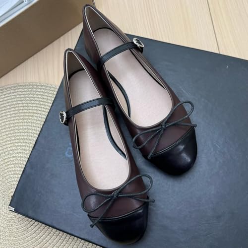 Image of TN TANGNEST Women's Mary Jane Flats Bow Ballet Shoes | Round Toe Flats with Buckle Strap Dressy Comfortable Faux Suede Flats