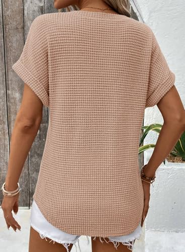 Dokotoo Womens Waffle Knit Tops 2025 Fall Summer V Neck Shirts Casual Trendy Women’s Blouses Basic Tee