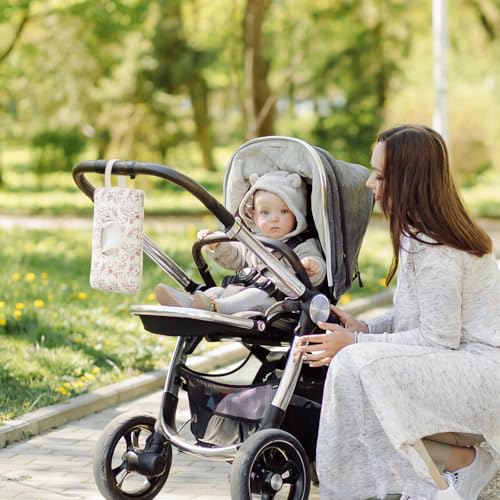Quilted Baby Wipe Holder Floral Diaper Pouch Portable Quilted Wipes Bag for Car, Stroller (Beige Pattern)