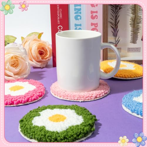 Image of WATINC Flower Punch Needle Coaster Kit - 22Pcs Easy Art Work Decor Craft Supply for Beginners, DIY Set of 6 Flowers Pattern Tufted Rug Pads with Adhesive Felt Yarns Embroidery Hoop Tools Instruction