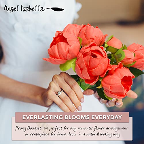 Angel Isabella Realistic Peony Bouquet - Real Touch Artificial Flowers For Decoration - Beautiful Artificial Flowers Arrangements For Home, Wedding, Corsage, Boutonniere - 6 Blooms And 2 Buds, Coral #TOP4