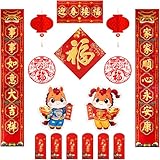 IRmm 17PCS Chinese New Year Decorations 2026, Lunar New Year Decorations with Couplets, Fu Character Ornament, Window Decals, Year of Horse Door Sticker, Red Envelopes, Red Lanterns