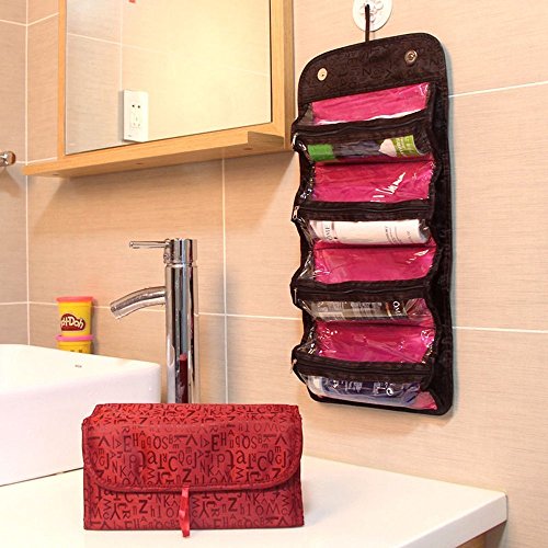 Greenery Large Capacity 4-Layer Roll-up Travel Storage Bag Foldable Toiletry Bags Organizer Cosmetic Makeup Bag Pouch with a Flexible Hanging Hook (Red)