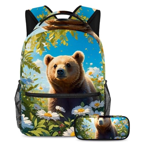 Sac à dos ours et fleur avec trousse d'école pour garçons et filles