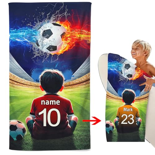 CHEFFS Personalisiert Fußball Strandtuch Mit Namen, Personalisiertes Fußball Handtuch Mit Namen Badetuch Mikrofaser Strandtuch 70x140cm Badetuch Handtuch Saunatuch Fußball (70 x 140 cm,1)