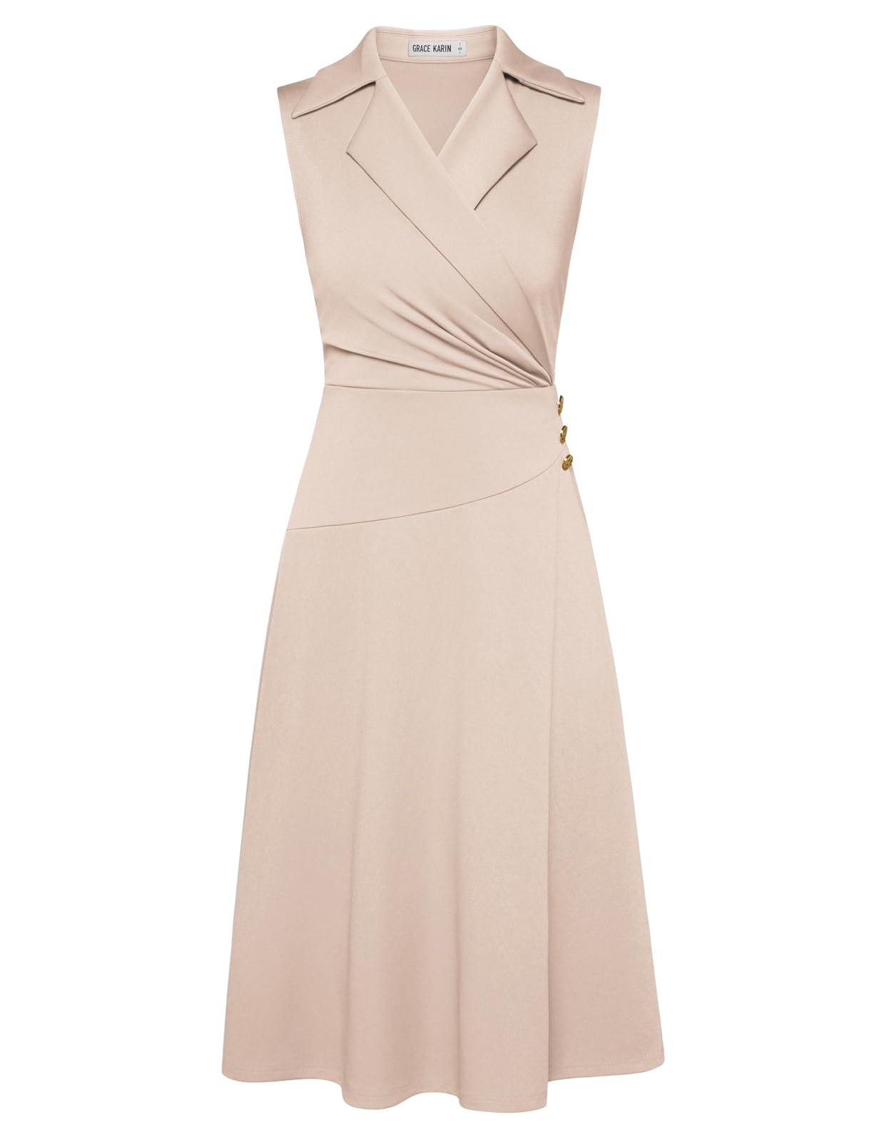 GRACE KARIN 2025 Women's Notch Lapel Ruched Wrap V Neck Business Work Dress Sleeveless A Line Midi Dress