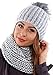 Produktbild Damen Strickmütze & Loop mit großer Kombiset Kunstfell Bommel Strickset Beanie mit Fellbommel + Schlauchschal, Einheitsgröße K3 (Grau)