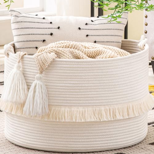 Image of KAKAMAY Large Blanket Basket (20"x13"),Woven Baskets for storage Baby Laundry Hamper, Cotton Rope Blanket Basket for Living Room, Laundry, Nursery, Pillows, Baby Toy chest (White)