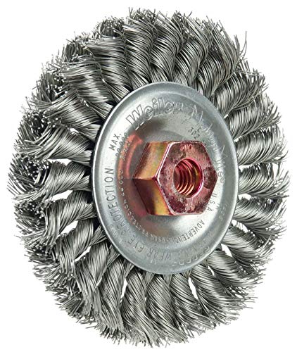 Image of Weiler 13108 Standard Twist Knot Wire Wheel 4 inch, .014 inch Stainless Steel Fill, M10x1.50 Nut (Pack of 5)