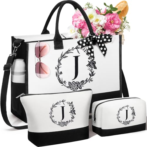Image of Personalized Gifts for Women, Initial Canvas Tote Bag & Makeup Bag Monogrammed Beach Tote Bags for Women w / Zipper, Christmas Birthday Gifts for Mom Wife Girlfriend Sister Best Friend Daughter Teacher