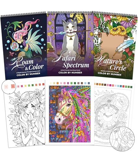 TOYSKY Coloring Books for Adults Relaxation Set of 3,Color by Number Adult Coloring Books Sprial Bound, Relieving with 60 Mandalas Animals Flowers and Cartoons,Gift for Women