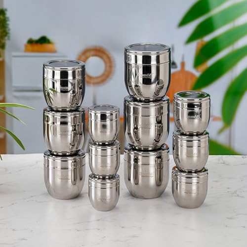 Image of Sumeet Stainless Steel Conical Shape Canisters /Dabba /Storage Containers for Kitchen with See Through Lid, Set of 12 Pcs, (150ml-6cm Dia-3Pc, 250ml-7cm Dia-3Pc, 400ml-8.5cm -3Pc, 500ml-9cm 3Pc)- Silver