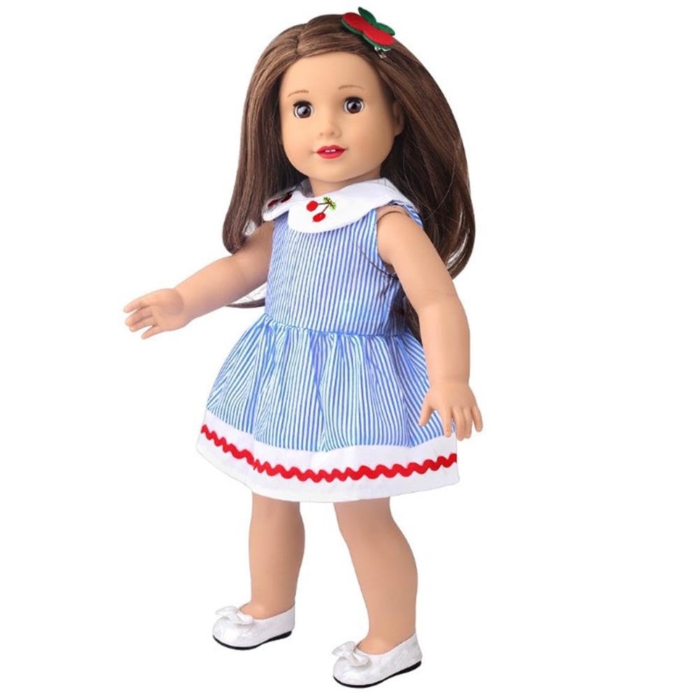 NIXNUT Doll Clothes Dress Striped Pattern Summer Clothing for American Girl Doll 18-inch with Cherry Decoration - Image 3