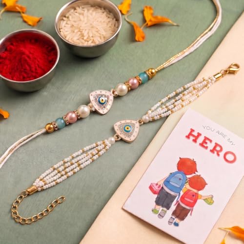 Image of Ascension Evil Eye Rakhi for Bhaiya Bhabhi Couple Bracelet Set for Brother & Sister with Roli Tilak & You are My Hero Fridge Magnet Nazar Protection Raksha Bandhan Gift