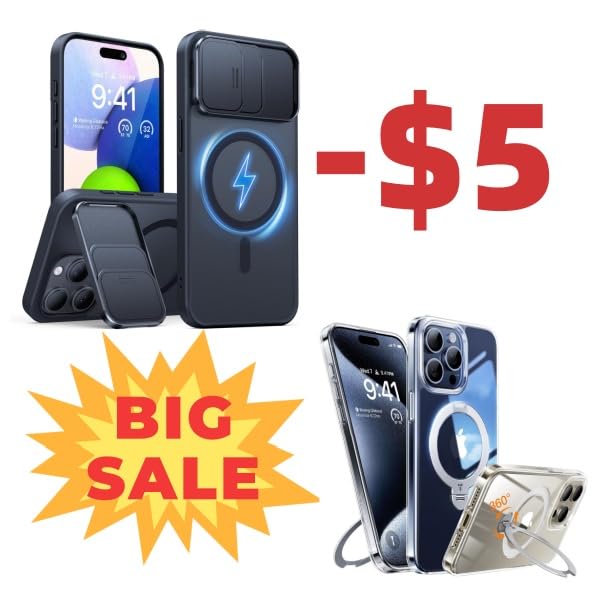 TORRAS Durable Slide Camera Cover, Kickstand & Upgraded 360° Spin Magnetic Stand, Translucent Slim Clear Case for iPhone 15 Pro