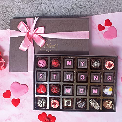 Image of Velvet Fine Chocolates Mother's Day Premium Gift Hamper with MY STRONG MOM written on the Chocolates | Mother's Day Chocolate Gift Pack for Best MOM