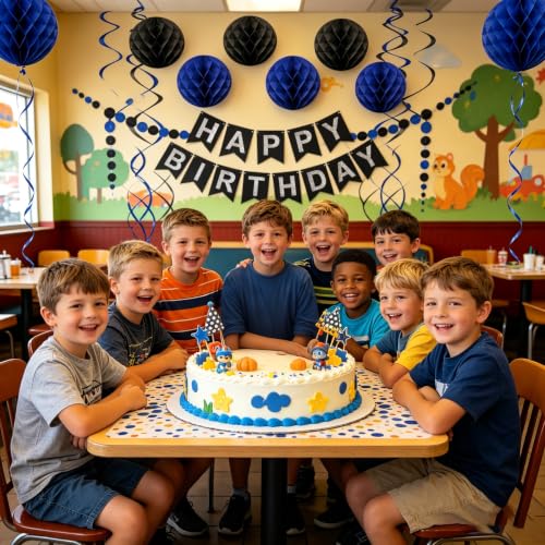 Image of Black Blue Birthday Decorations, Happy Birthday Banner with Honeycomb Balls, Circle Dot Garland and Hanging Swirl Decorations for Women Men Boys Girls (Blue Black)