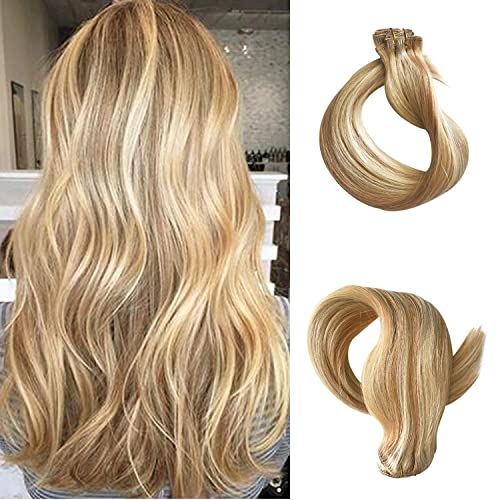 Hair Extensions Clip in Real Human Hair Clip on Remy Hair Extensions for Black Women Balayage Golden Brown with 613 Bleach Blonde Highlights Double Weft Full Head Natural 70g 7pcs 16 Clips 20 Inch