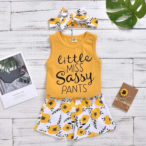 Image of Hipea Toddler Girl Outfits Floral Tops Sleeveless Tank Tops Shorts Headband Summer Clothes Set