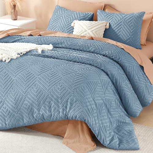 Image of Litanika Grayish Blue Oversized Queen Comforter, 3 Pieces Tufted Boho Farmhouse Bedding Comforter Sets, Lightweight Fluffy Comforter Bed Set for All Season (98x98In Comforter and 2 Pillowcases)