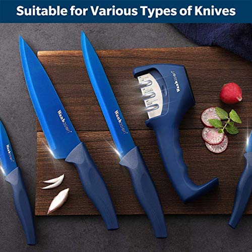 Wanbasion Blue Kitchen Knife Sharpener Professional 3 Stages, Kitchen Knife Sharpener Manual Sharpening, Knife Sharpener for Kitchen Knives with Stainless Steel Ceramic Diamond Blade
