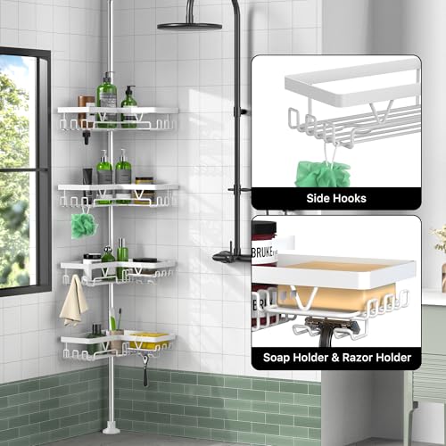 Image of KEGII Corner Shower Caddy Tension Pole - 4-Tier Rustproof Bathroom Organizer, Floor to Ceiling Shower Caddy 25-114.2 inch, No Drilling Shower Storage Rack for Shampoo, Towels (Matte White) | Rustproof