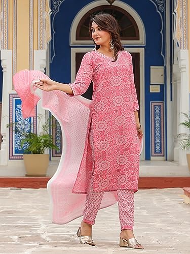 Image of GoSriKi Women's Cotton Blend Straight Printed Kurta with Pant & Dupatta