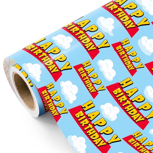 RUSPEPA Happy Birthday Wrapping Paper Roll - Mini Roll - 43.2cm x 5m - Cartoon Story Blue Sky and Cloud Wrapping Paper for Kids Boys Girls Birthday Baby Shower
