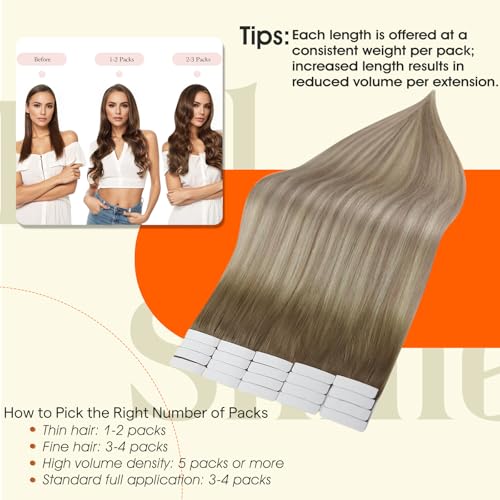 Image of Full Shine Blonde Tape in Hair Extensions Human Hair Color 8 Ash Brown Ombre 60 Blonde And 18 Straight Tape ins Human Hair Extensions 14Inch 50Gram Seamless Invisible Skin Weft 20Pcs for Party
