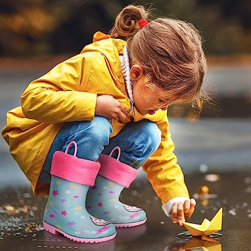 Toddler Rain Boots, Kids Rain Boots Waterproof Rubber Boots for Girls and Boys with Sock, Fun Patterns, Easy-On Handles 8-122