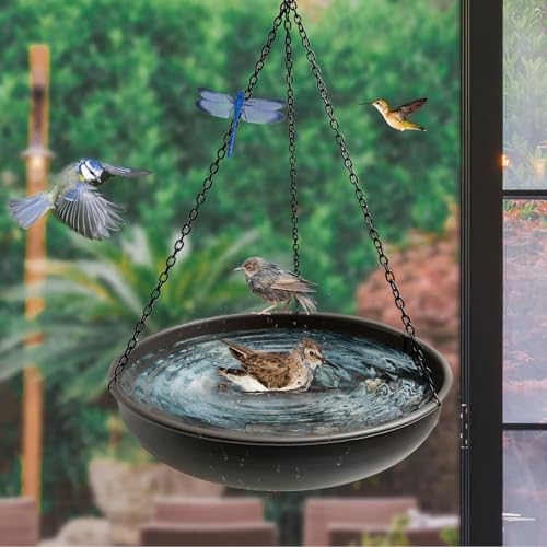 Image of Hanging Bird Bath for Outside,11 inch Metal Bird Feeder Birdbath Bowl with 13.5 inch Rust-Proof Black Chains for Garden Backyard Decor with Magnetic Dragonfly Decor Dark Curry