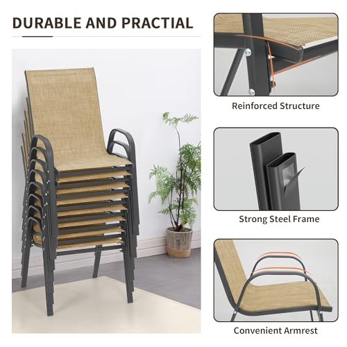 Image of PIZZELLO Patio Chairs Set of 8, Outdoor Stackable Dining Chairs for All Weather, Lightweight Textilene Outdoor Chair Sets with Armrests, 330Lbs Capacity, for Backyard Porch Poolside Garden (Khaki)