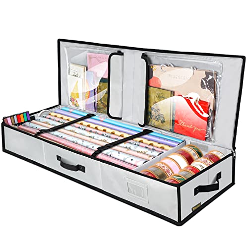 BALEINE Wrapping Paper Storage Organizer with Flexible Partitions and Pockets, 40" Durable 600D Oxford Fabric Gift Wrap Storage Bag Fits Ribbon, Ornaments, Holiday Accessories (Gray)
