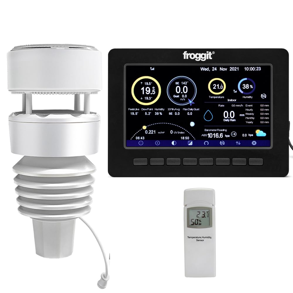 froggit Estación Meteorológica Inalámbrica HP1000SE PRO 7 en 1 Ultra Black Edition con Reloj, Sensores Exteriores, Pantalla TFT a Color de 7 Pulgadas, Previsión Meteorológica