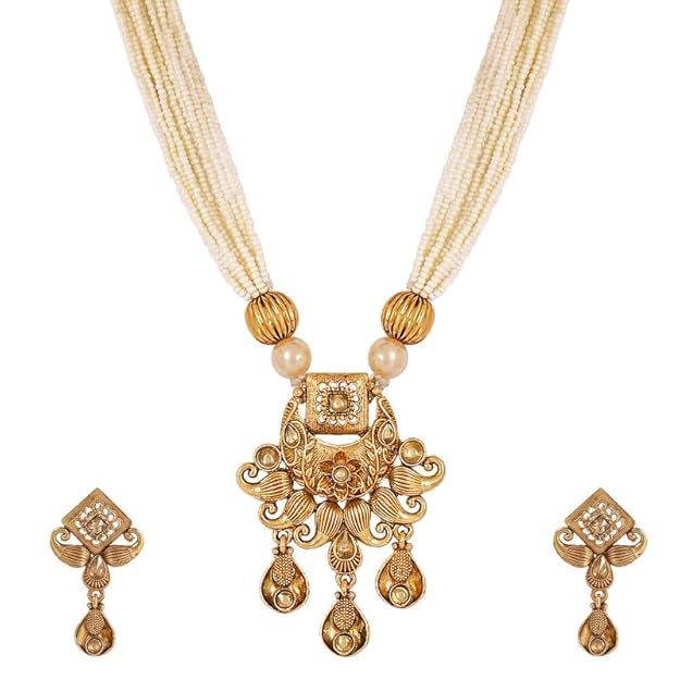 IIJ Pearl Beaded Traditional Gold Finish Chain Set of Jhumka & Necklace for Women & Girls - Perfect for Wedding and Special Occasions - Ethnic Indian Bridal Jewelry (B0BSLDHNDH) Amazon Price History, Amazon Price Tracker