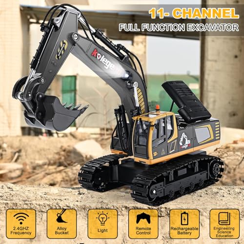 Image of kolegend 1:18 Scale RC Excavator Toy with Metal Shovel, 11 Channels Remote Control Construction Truck, Real Digging on Dirt & Sand 2 Rechargeable Batteries Gift for Boys Girls Kids 6-12 Years Old